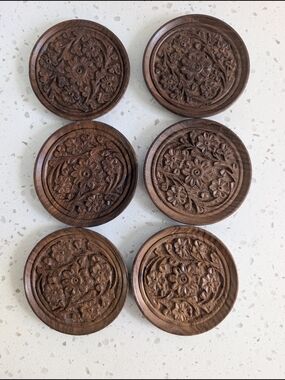 Hand-Carved Floral Wooden Coaster Set — Brown